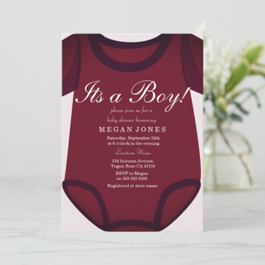 かわいいブルゴーニュ赤その男の子の赤ちゃんシャワー招待状 招待状 (スタンド正面)