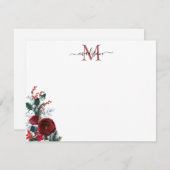 かわいいブルゴーニュ赤ローズクリスマスモノグラム ノートカード (正面/裏面)