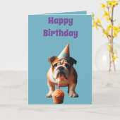 かわいいブルドッグが誕生日帽をかぶる カード (黄色い花)