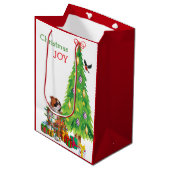 かわいいブルドッグとクリスマスツリー ミディアムペーパーバッグ (正面アングル)