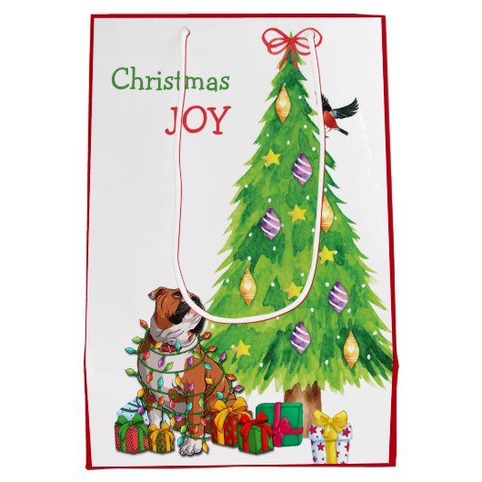 かわいいブルドッグとクリスマスツリー ミディアムペーパーバッグ (裏面)