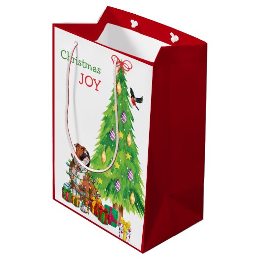 かわいいブルドッグとクリスマスツリー ミディアムペーパーバッグ (裏面アングル)