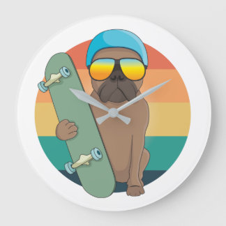 かわいいブルドッグとスケートで滑る ラージ壁時計