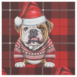 かわいいブルドッグと赤の休日のプレイドクリスマス ファブリック