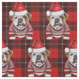 かわいいブルドッグと赤の休日のプレイドクリスマス ファブリック