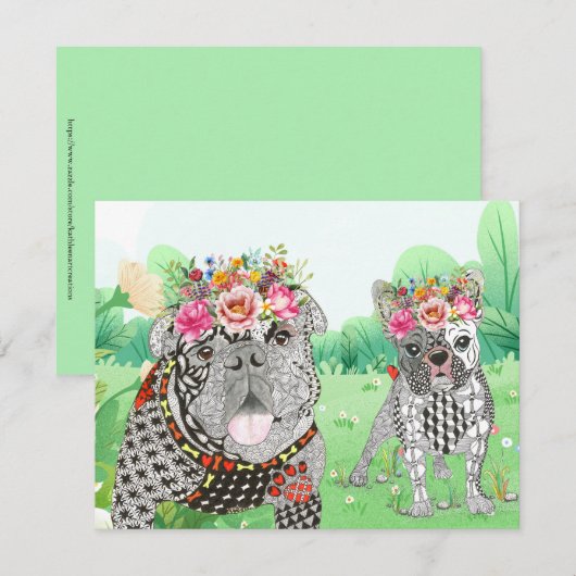 かわいいブルドッグのグリーティングカード（英語とフランス語） 招待状 (正面/裏面)