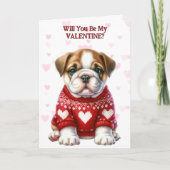 かわいいブルドッグの子犬のセーターのバレンタイン シーズンカード (正面)