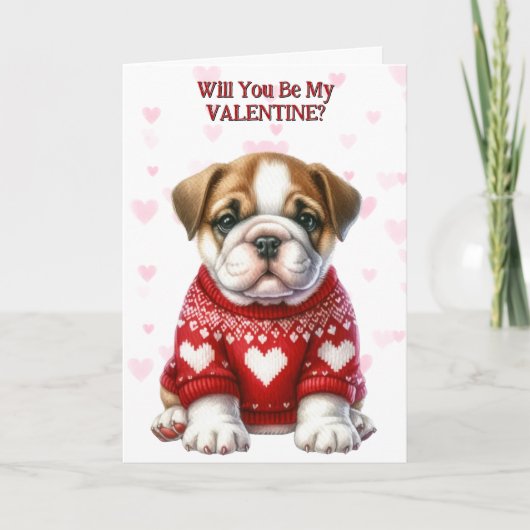 かわいいブルドッグの子犬のセーターのバレンタイン シーズンカード (正面)