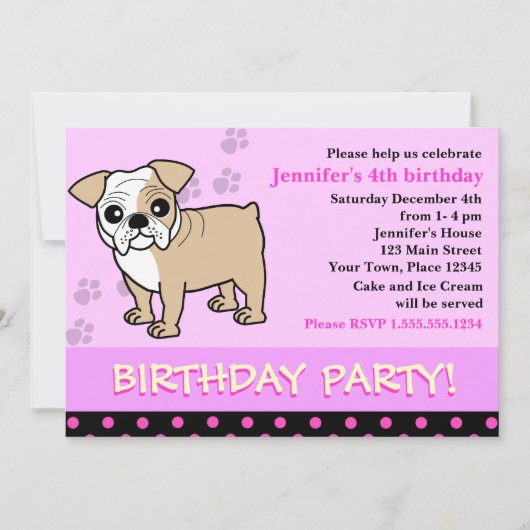 かわいいブルドッグの子犬の誕生日パーティーの招待 招待状 (正面)