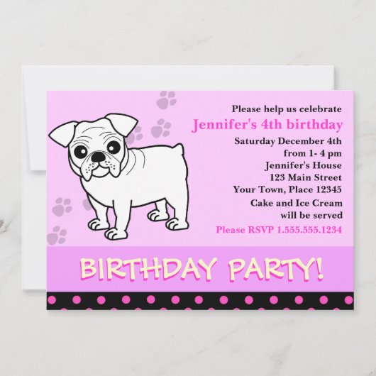 かわいいブルドッグの子犬の誕生日パーティーの招待 招待状 (正面)