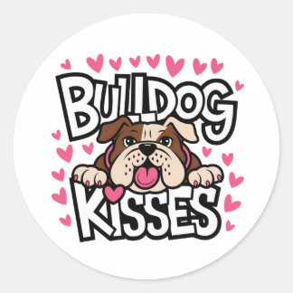 かわいいブルドッグ 子犬 愛犬 ピンク ハート キス ラウンドシール