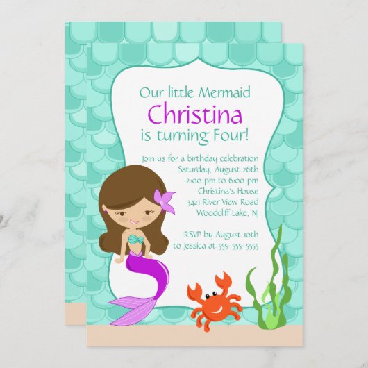 かわいいブルネットの人魚の誕生日の招待状 招待状 (正面/裏面)