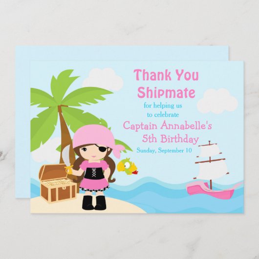 かわいいブルネット海賊少女バースデーパーティー サンキューカード (正面/裏面)