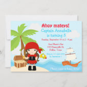 かわいいブルネット海賊少女バースデーパーティー 招待状 (正面)