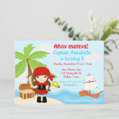 かわいいブルネット海賊少女バースデーパーティー 招待状 (スタンド正面)