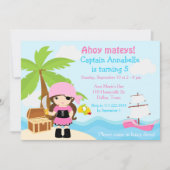 かわいいブルネット海賊少女バースデーパーティー 招待状 (正面)