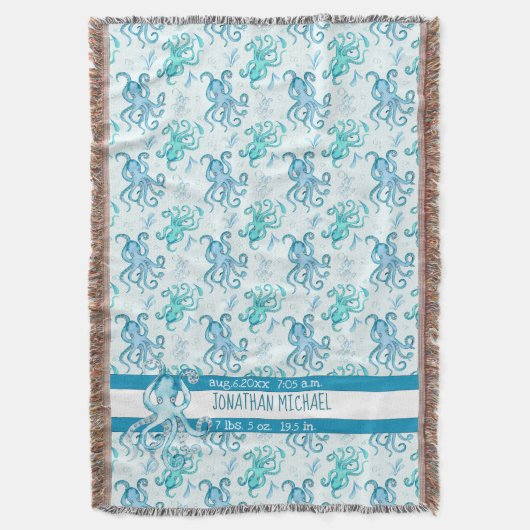 かわいいブルーとティール(緑がかった色)タコベビーの名前シーライフ スローブランケット (正面縦)