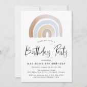 かわいいブルーとブラウンのレインボーバースデーパーティー 招待状 (正面)