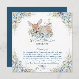 かわいいブルーとベージュのフローラ鹿の赤ちゃんシャワー サンキューカード