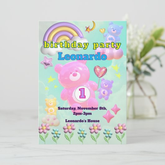 かわいいブルーのゆるふわくまさん♡男の子の誕生日パーティー 招待状 (スタンド正面)