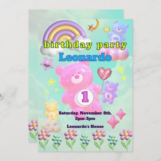 かわいいブルーのゆるふわくまさん♡男の子の誕生日パーティー 招待状 (正面/裏面)