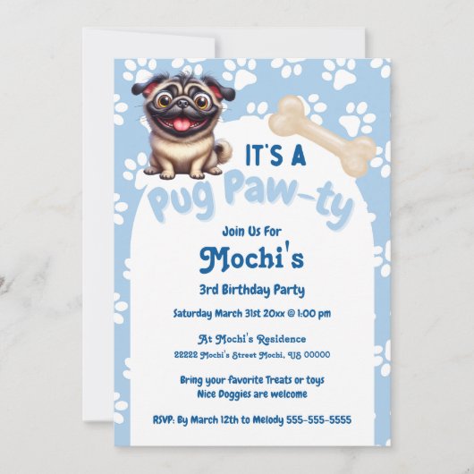 かわいいブルーのパグ犬の誕生日パーティー 招待状 (正面)