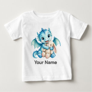 かわいいブルーのベビードラゴンに抱きしめられたうさぎのオリジナルグッズ ベビーTシャツ