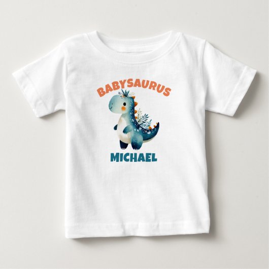 かわいいブルーの水彩恐竜 赤ちゃんサウルス 名前 ベビーTシャツ (正面)