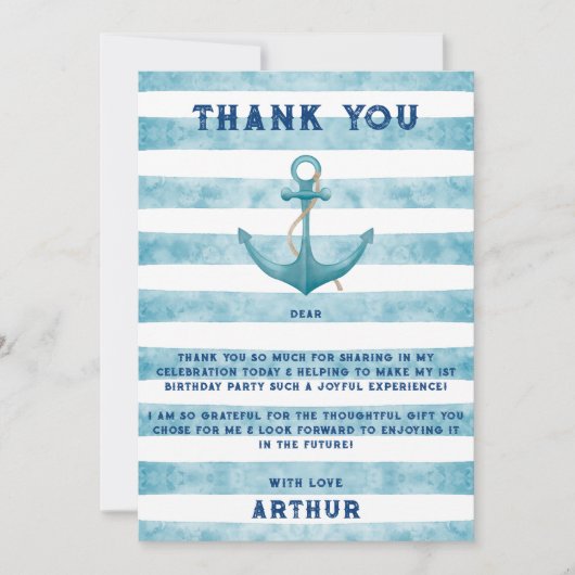 かわいいブルーの水彩画の海軍の船員の錨 サンキューカード (正面)