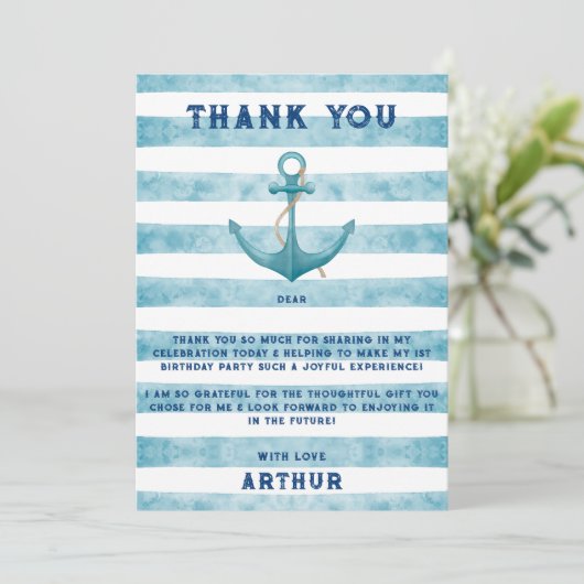 かわいいブルーの水彩画の海軍の船員の錨 サンキューカード (スタンド正面)