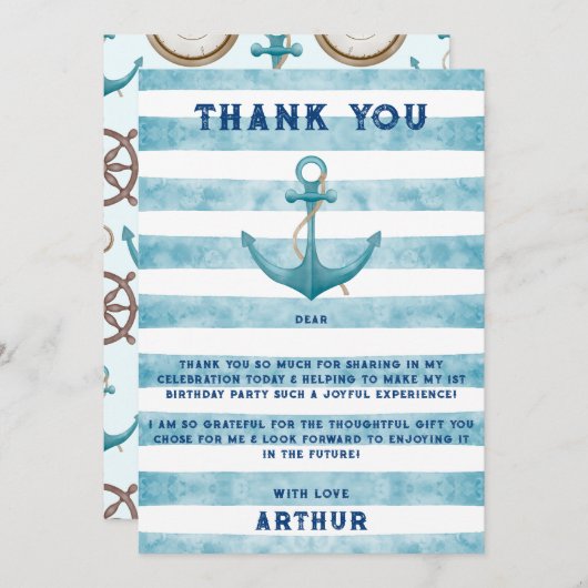かわいいブルーの水彩画の海軍の船員の錨 サンキューカード (正面/裏面)