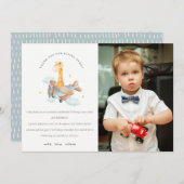 かわいいブルーイエロー飛行機キリン子供の写真誕生日 サンキューカード (正面/裏面)