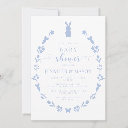 かわいいブルーイースターウサギフローラ男の赤ちゃんシャワー 招待状 (正面)