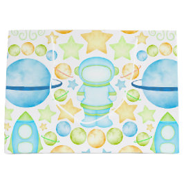 かわいいブルーウォーター宇宙宇宙飛行士誕生日 ラージペーパーバッグ