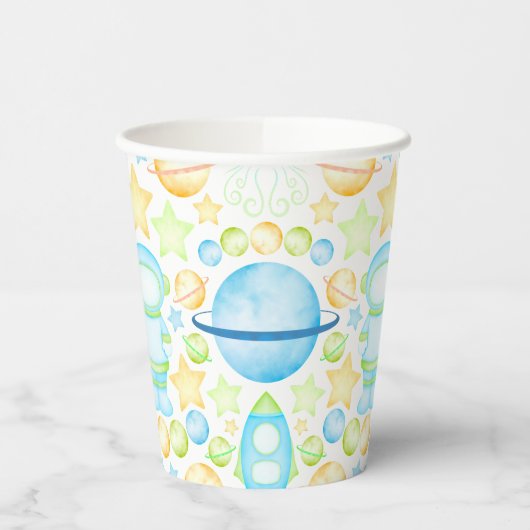 かわいいブルーウォーター宇宙宇宙飛行士誕生日 紙コップ (左)