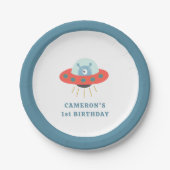 かわいいブルーエイリアン宇宙船キッズバースデーパーティー ペーパープレート (正面)