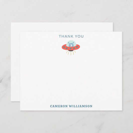 かわいいブルーエイリアン宇宙船1stバースデーカスタム サンキューカード (正面/裏面)