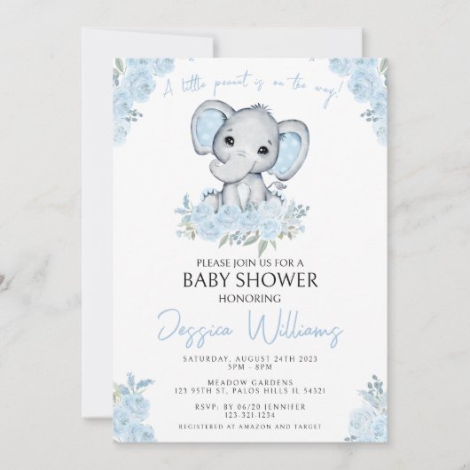 かわいいブルーエレファントの男の赤ちゃんのシャワー招待状 招待状 (正面)