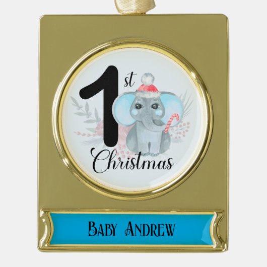 かわいいブルーエレファント男の赤ちゃん1stクリスマスキープサケ ゴールドプレートバナーオーナメント (正面)