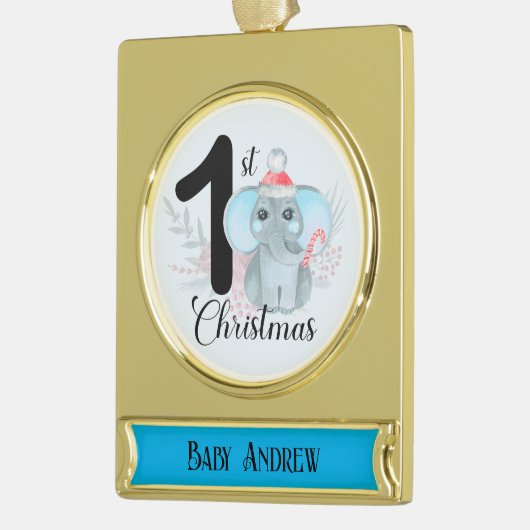 かわいいブルーエレファント男の赤ちゃん1stクリスマスキープサケ ゴールドプレートバナーオーナメント (左)