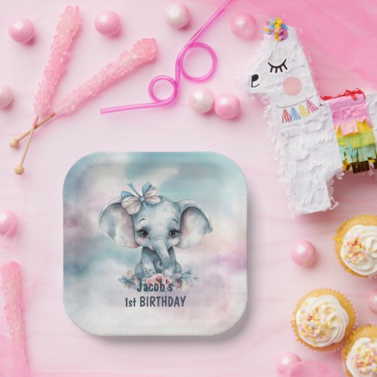かわいいブルーエレファント1歳の誕生日 ペーパープレート (パーティー)