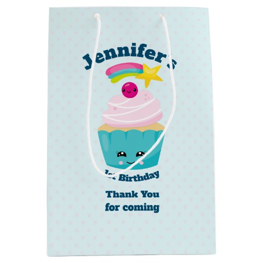 かわいいブルーカップケーキかわいい顔ありがとう ミディアムペーパーバッグ (正面)