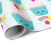 かわいいブルーカップケーキかわいい顔柄 ラッピングペーパー (ロールコーナー)