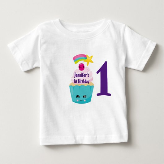 かわいいブルーカップケーキかわいい顔1st誕生日 ベビーTシャツ (正面)