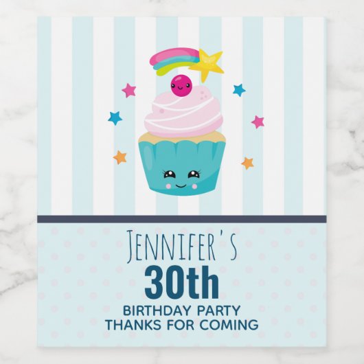 かわいいブルーカップケーキとかわいい顔誕生日感謝してい ワインラベル (シングルラベル)