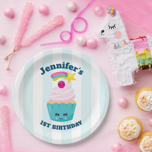 かわいいブルーカップケーキとかわいい顔誕生日 ペーパープレート (パーティー)