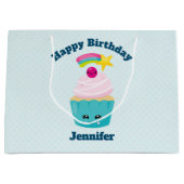 かわいいブルーカップケーキとかわいい顔誕生日 ラージペーパーバッグ (正面)