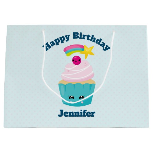 かわいいブルーカップケーキとかわいい顔誕生日 ラージペーパーバッグ (正面)