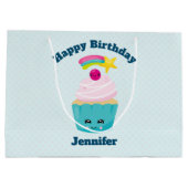 かわいいブルーカップケーキとかわいい顔誕生日 ラージペーパーバッグ (裏面)