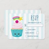 かわいいブルーカップケーキとかわいい顔誕生日 出欠カード (正面/裏面)